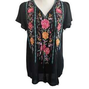 Savannah Jane Black Floral Embroidered Boho Top Small